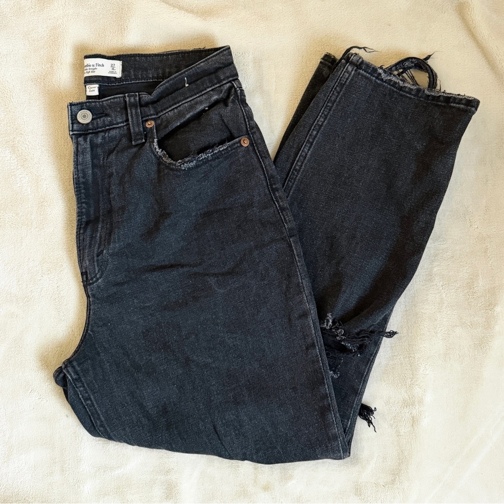Abercrombie & Fitch Curve Love Black Distressed Ankle Straight Jeans 27 SHORT